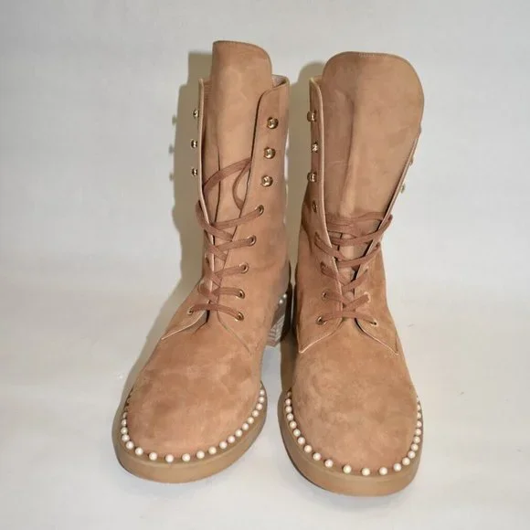 $750 STUART WEITZMAN Sondra Pearl Combat LACE UP Boot SUEDE TAN 9.5 (PA15)
